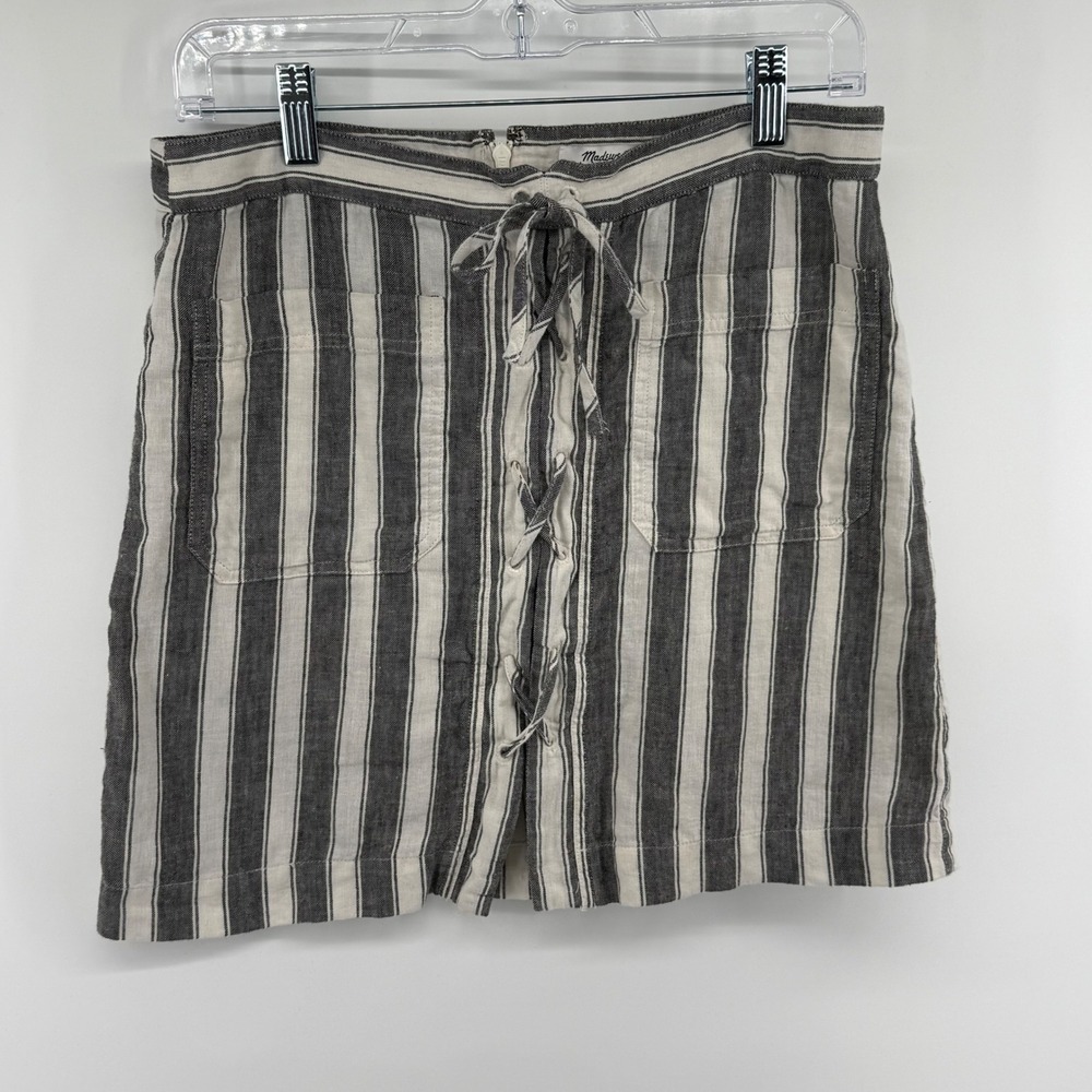 Madewell Linen Cotton Striped Lace Up Mini Skirt Grey White Womens 30" Boho
